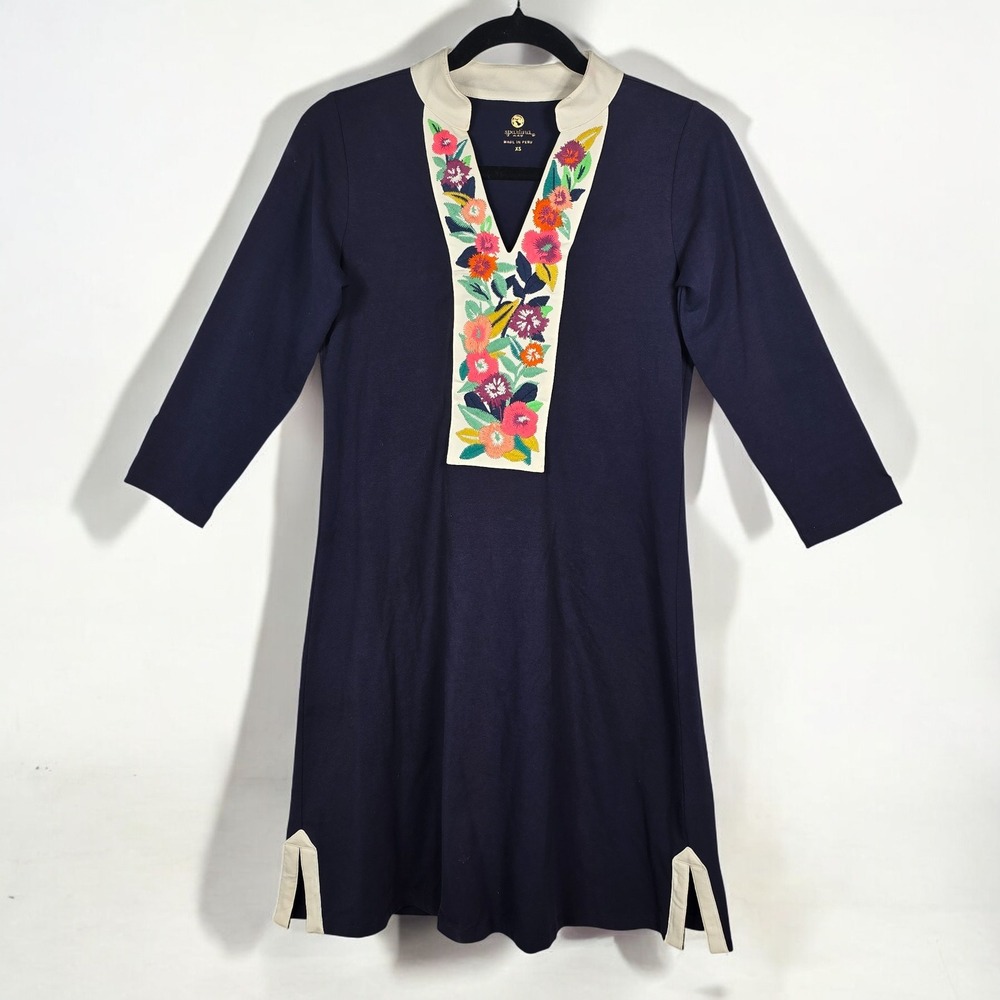 Spartina 449 Tunic Dress Navy Blue Embroidered V Neck Woman XS Made in Peru